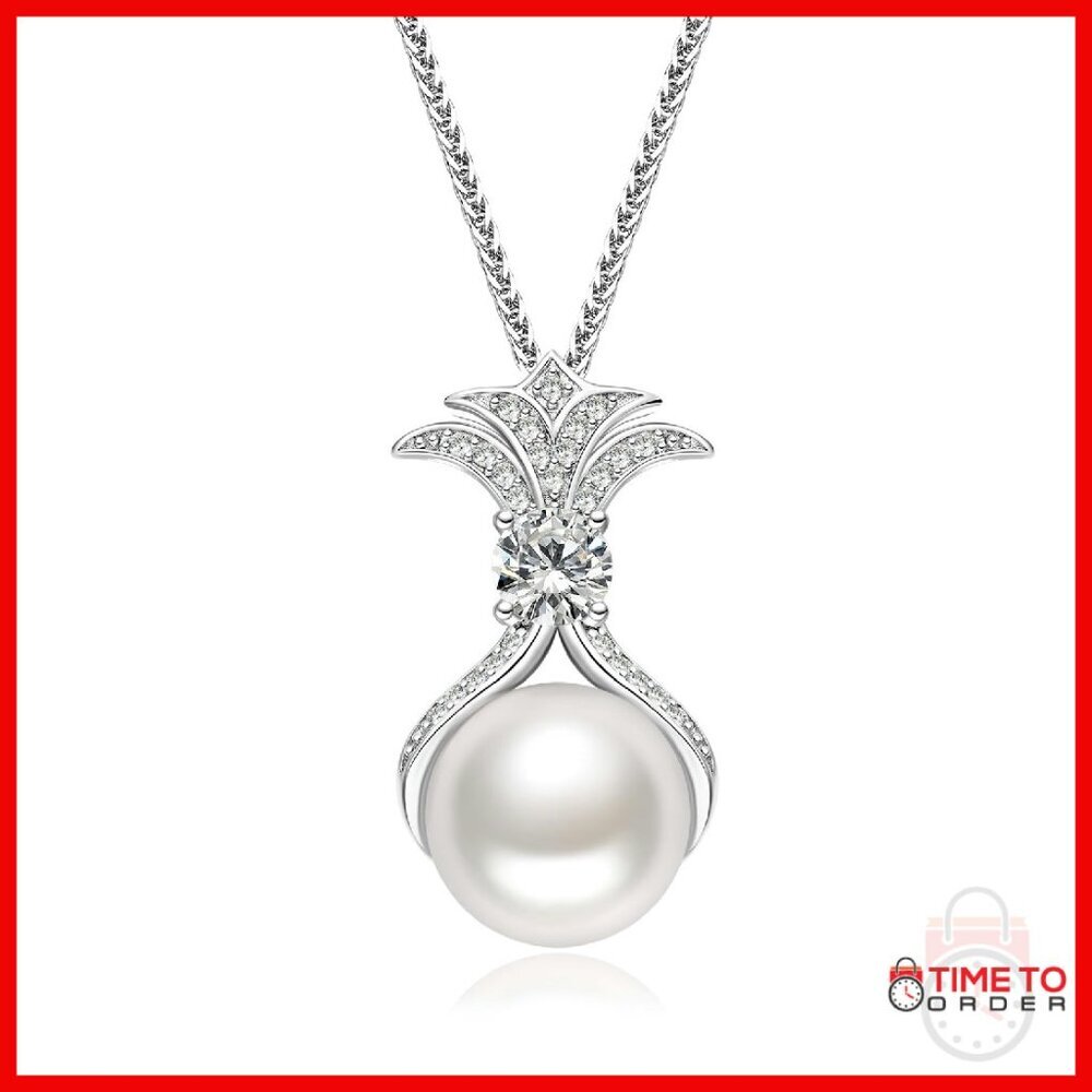 Freshwater Pearl Necklace With Moissanite Stones 925 Silver Crown Design